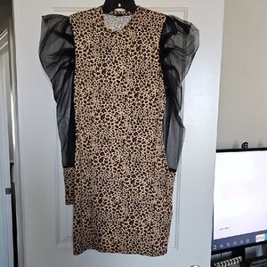 Leopard Print Dress with Black Sheer Sleeves